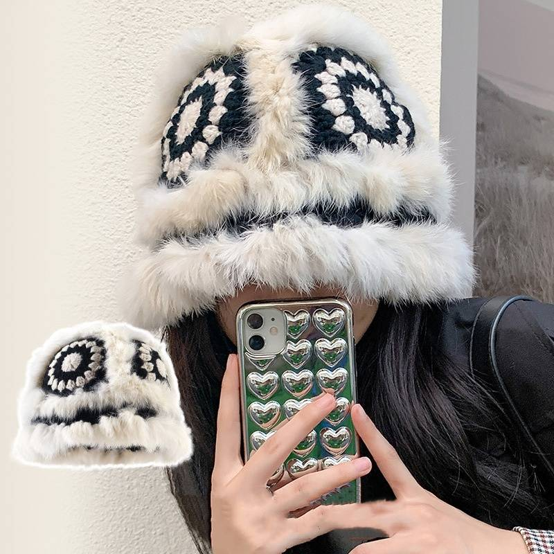 Verbessertes Modell, handgestrickte Löwenmütze aus Kaninchenhaar, Fischermütze, süße, plüschige Strickmütze für Herbst und Winter_voghion.com