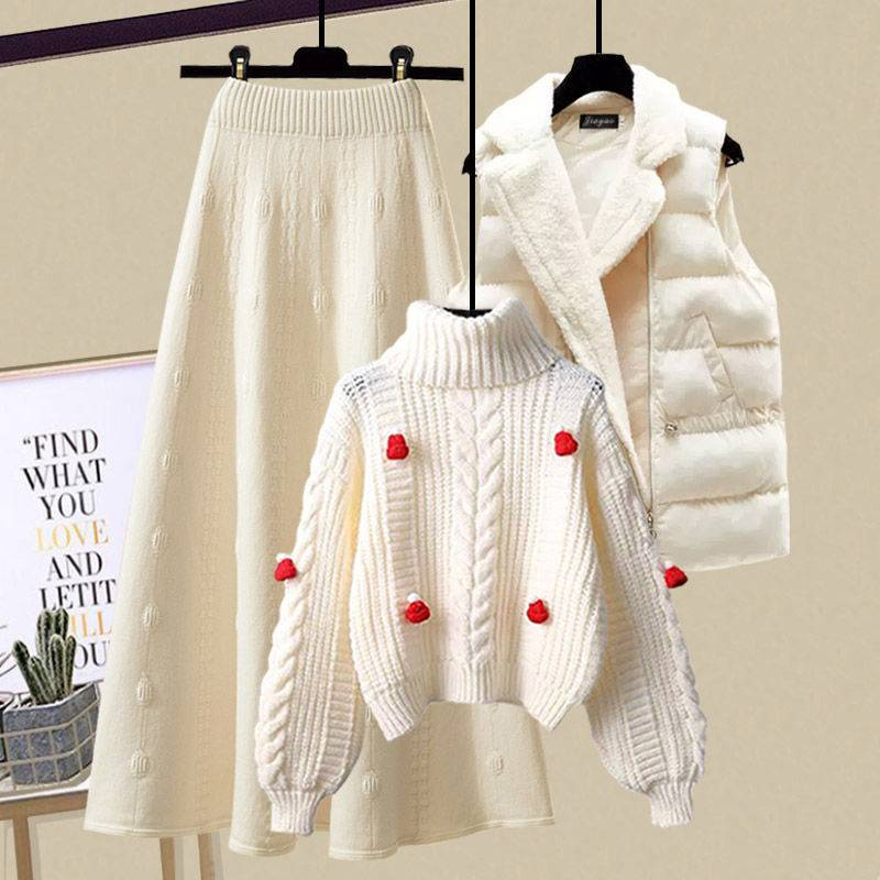 Ensemble élégant d'hiver pour petites femmes : pull, gilet et jupe en tricot, ensemble coordonné 3 pièces, doux et élégant, tenue de bureau et décontractée_voghion.com
