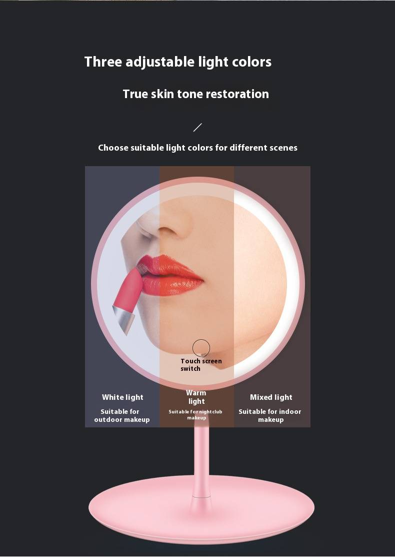LED-Kosmetikspiegel mit 3-farbiger Beleuchtung und Vergrößerung – Tragbarer Schminkspiegel für Zuhause und unterwegs (Weiß/Rosa, Kunststoffrahmen, silberner Spiegel)_voghion.com
