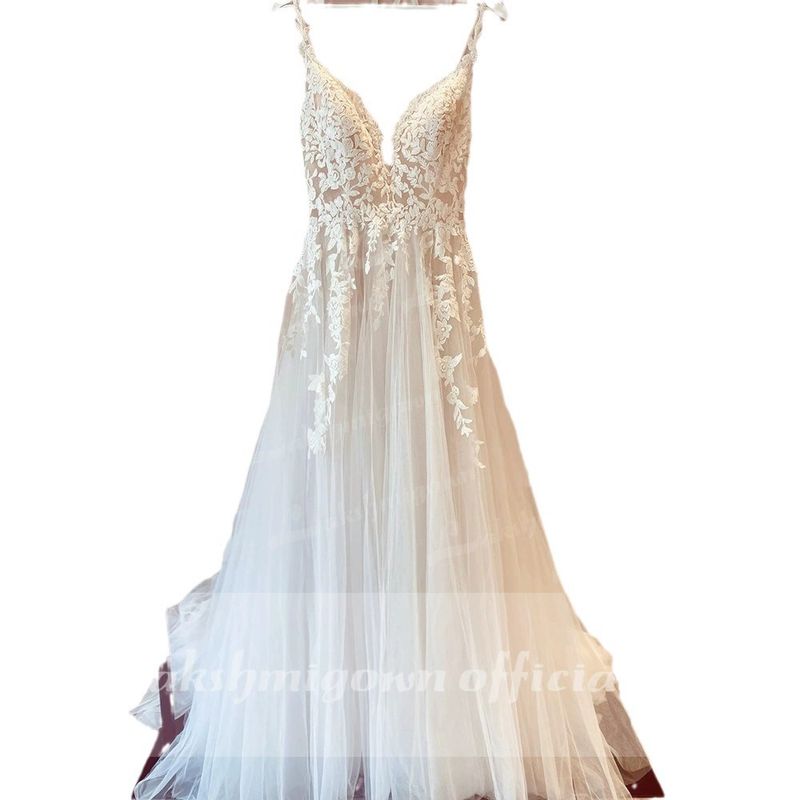 Ethereal Forest-Inspired Light Wedding Dress For Bride - Elegant Strapless A-Line Gown With Lace Detailing_voghion.com