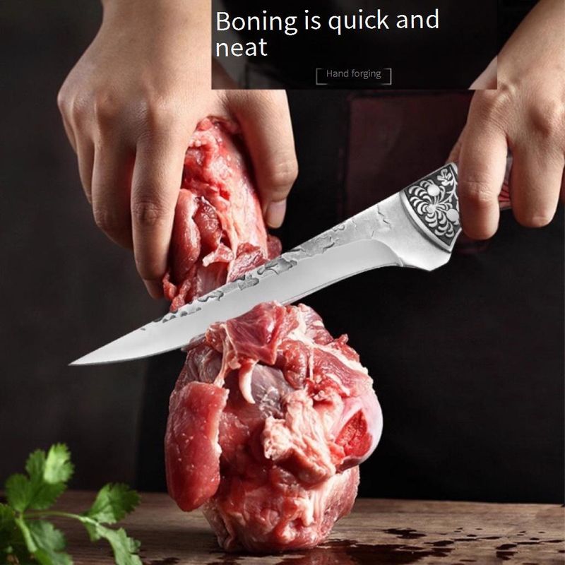 Coltello da disosso professionale forgiato a mano con testa in acciaio intagliato - lama in acciaio inossidabile 4Cr13, impugnatura ergonomica in Pakkawood e fodero in pelle_voghion.com