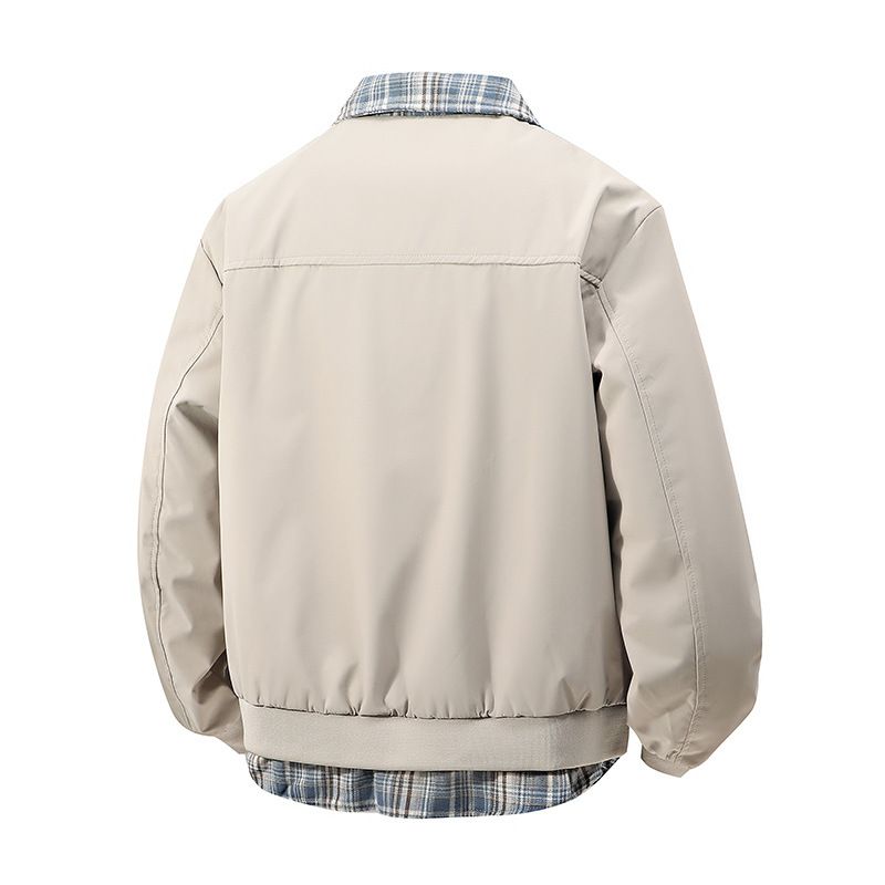 Giacca con revers a quadri da uomo Giacca finta con revers a quadri da uomo in due pezzi, vestibilità ampia, casual, primavera-autunno, nero e cachi, taglie dalla M alla 5XL_voghion.com