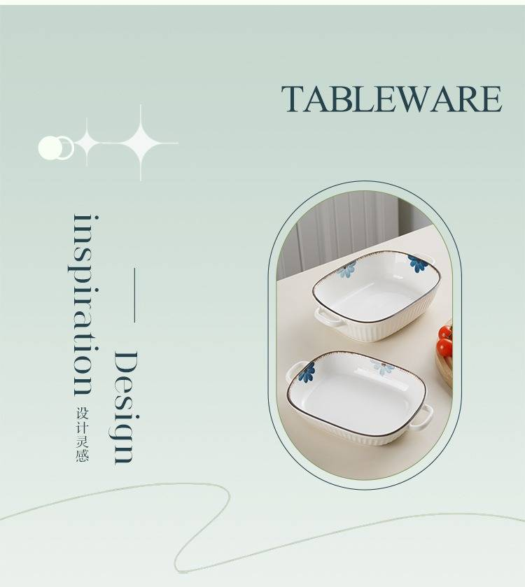 Ceramic Baking Dish With Ink Floral Pattern – 9.5" Double-Handled Soup Bowl, Microwave & Oven Safe_voghion.com