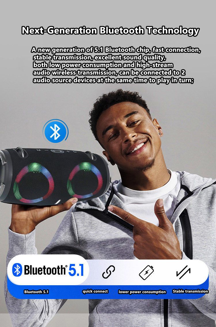 Výkonný Bluetooth reproduktor Přenosný RGB Barevné světlo Voděodolný Bezdrátový Subwoofer 360 Stereo Surround Tws FM Boombox_voghion.com