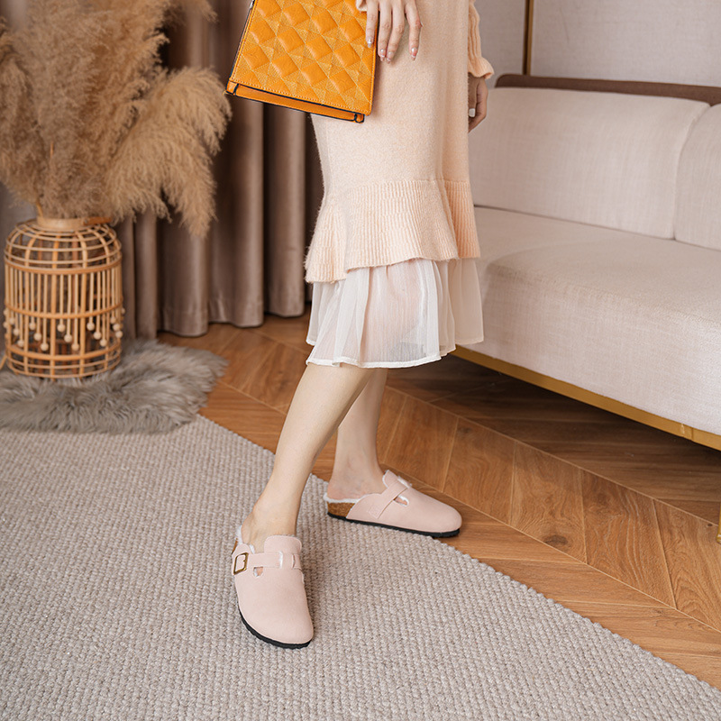 2023 Winter New Outsider Wearing One Foot Plush Slippers Women's Bag Head Half Slippers Cotton Shoes_voghion.com