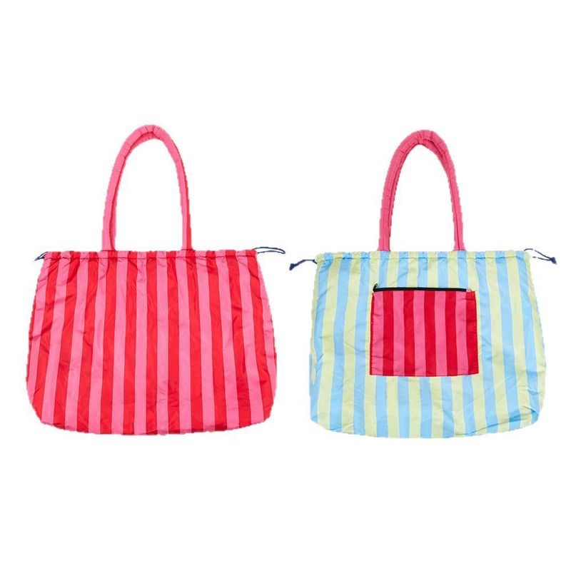 Pink Striped Canvas Color Block Large Capacity Shoulder Fashion Trendy Tote Bag_voghion.com