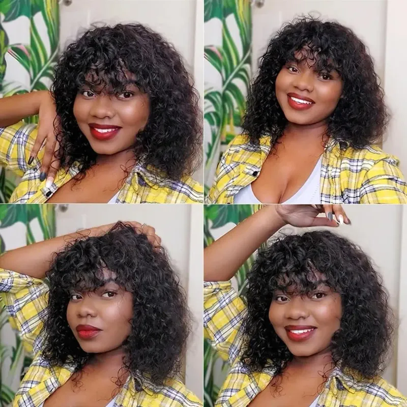 Brazilian Water Wave Blonde Colored Wigs Short Pixie Bob Cut Human Hair Wigs With Bangs Jerry Curly For Women_voghion.com