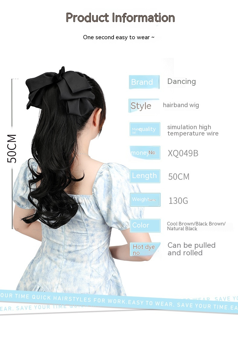 Nuova parrucca di vendita calda con fiocco nero e piccola clip sulla coda di cavallo, capelli ricci lunghi, copricapo rosso Internet, accessori per capelli realistici e naturali_voghion.com