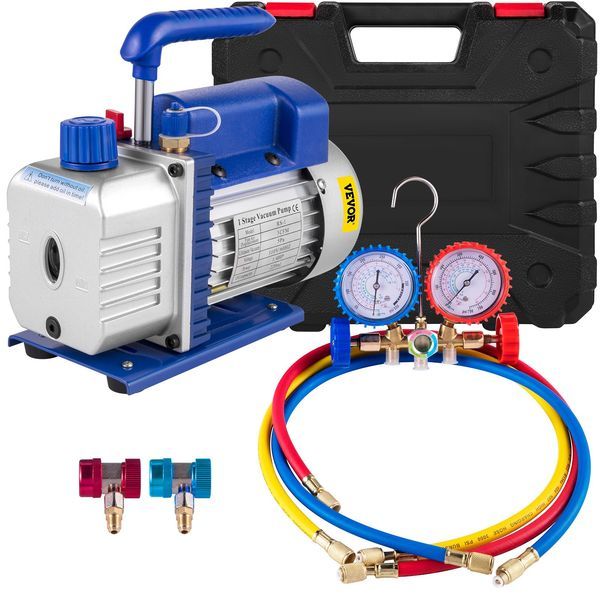 3CFM 1/4HP Single Stage Air Vacuum Pump HVAC R134a R12 R22 R410a A/C Refrigeration Kit AC Manifold Gauge R134 Can Tap Included Carrying Tote_voghion.com