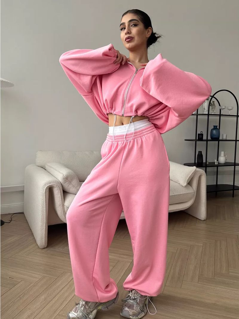 Women's Casual Suit Solid Color Long Sleeved Zipper Cardigan Drawstring Hooded Sweatshirt Sports Elastic Pants Two-piece_voghion.com