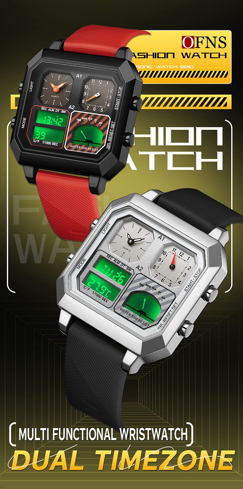 Men's Stylish Square Dual Display Digital Watch With Multifunction, Waterproof, Luminous, Sports Chronograph Electronic Luminous Sports Chronograph_voghion.com