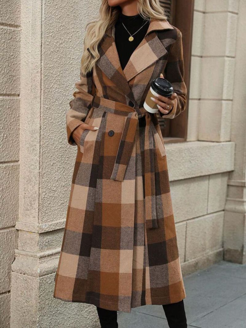 Women's Long Double Breasted Trench Coat With Notched Lapel & Belt - Wool Blend Overcoat In Black/Green/Khaki/Charcoal/Check For Fall Winter_voghion.com