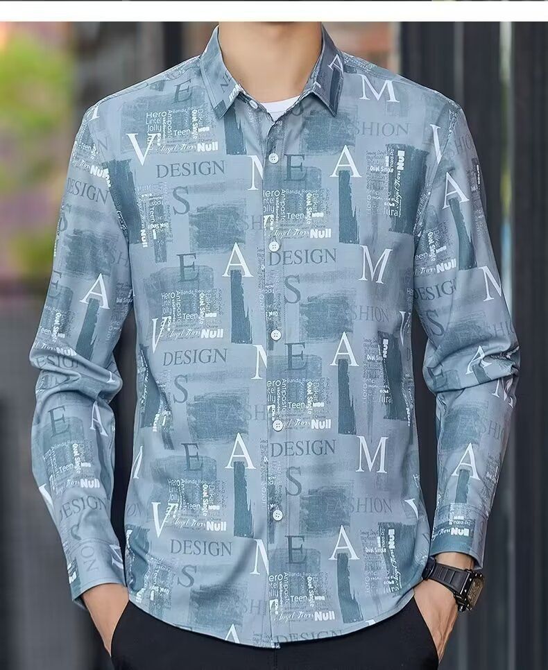 Camicia a maniche lunghe da uomo in primavera, sottile, ampia, stampata in digitale, camicia elastica, marchio alla moda, giacca cool_voghion.com
