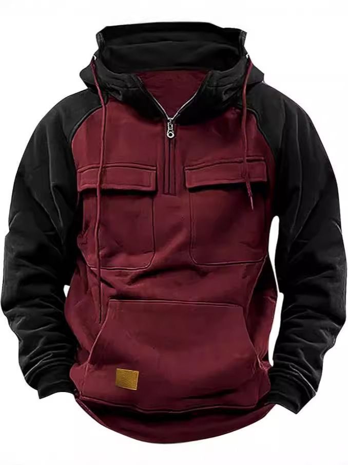 Herrenbekleidung Halbreißverschluss Multi-Taschen-Arbeitskleidung Herren Halbreißverschluss Multi-Taschen-Arbeitskleidungsjacke Retro-Farbblock-Stehkragen-Kapuzenpullover Herbst-Freizeitmantel_voghion.com