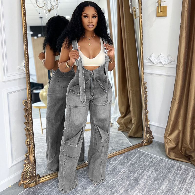 Damenbekleidung Damen Sommer Street Casual Zipper Washed Jumpsuit_voghion.com