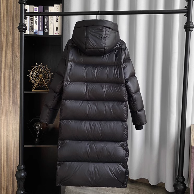 Damenbekleidung schwarz-goldene, neue, nationale Standard-Daunenjacke aus weißer Ente, mittellang, für Damen mit winddichter Kapuze_voghion.com