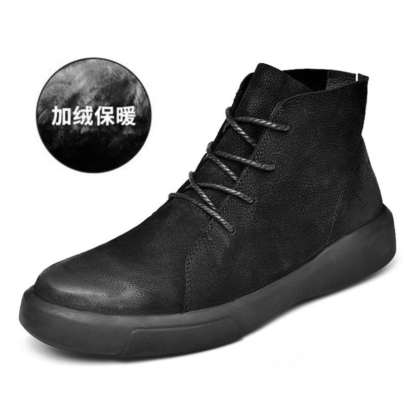 Autumn Winter Men's Cotton Short Boots High Top Color Polished Leather Large Size Fleece Lined Warm Outdoor Work Casual_voghion.com
