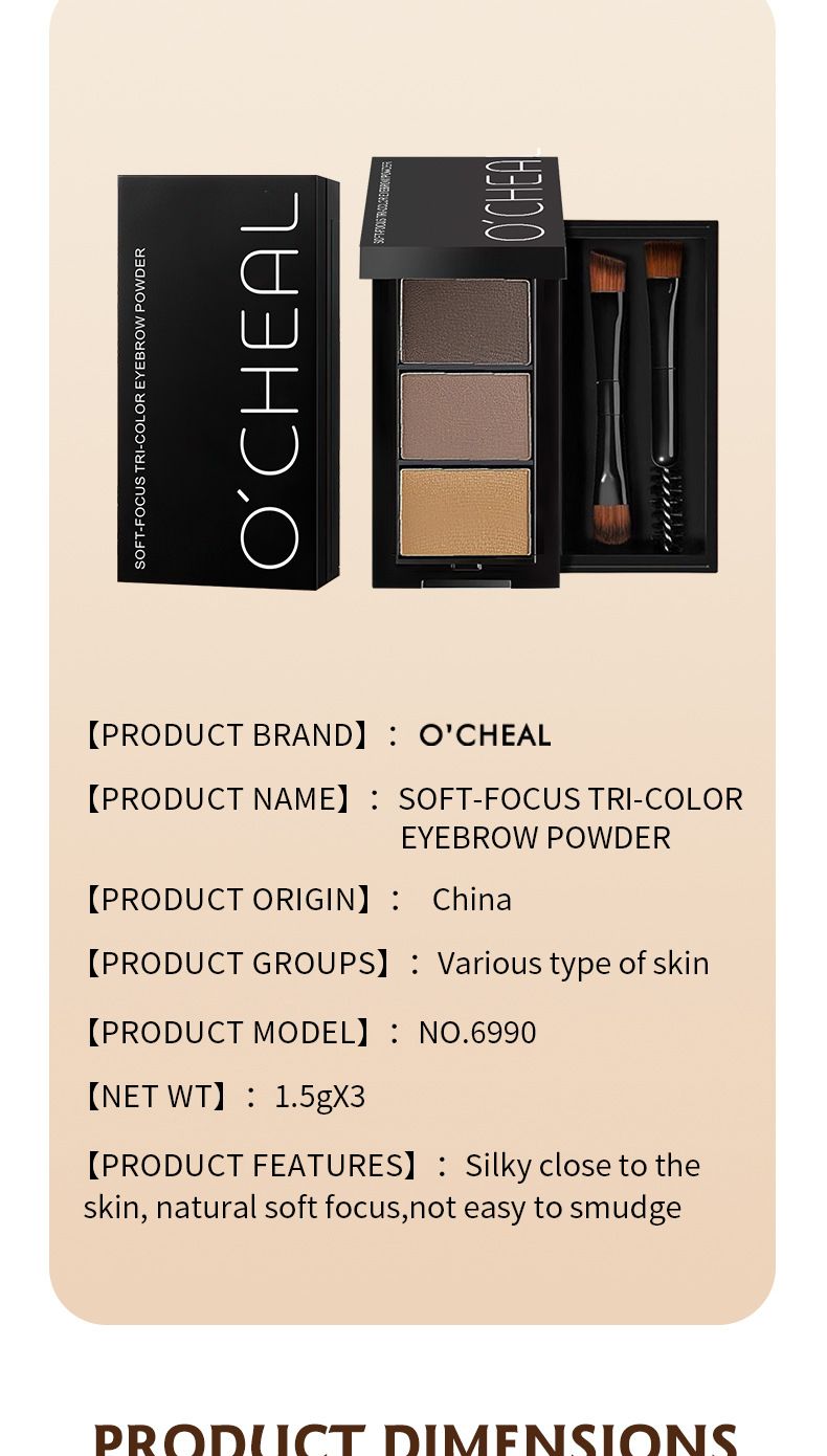 O'CHEAL Tricolor Eyebrow Powder # 6990 | Waterproof And Sweatproof Long Lasting Shaping | Natural Gradient 3D Eyebrow Makeup | Comes With Professional_voghion.com