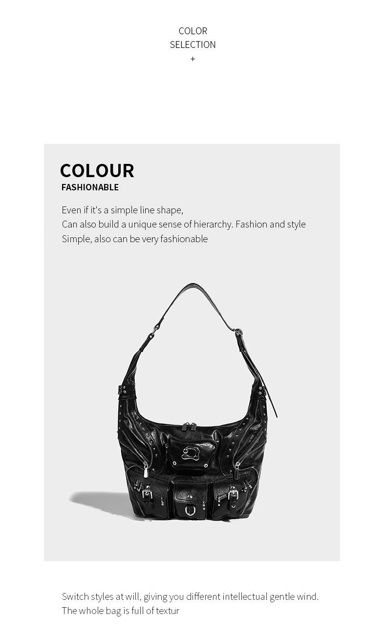 Borsa tote, design di nicchia, grande capacità, elegante borsa a forma di gnocco, stile motociclista scuro, borsa a tracolla con rivetti neutri. Mostra la tua personalità._voghion.com
