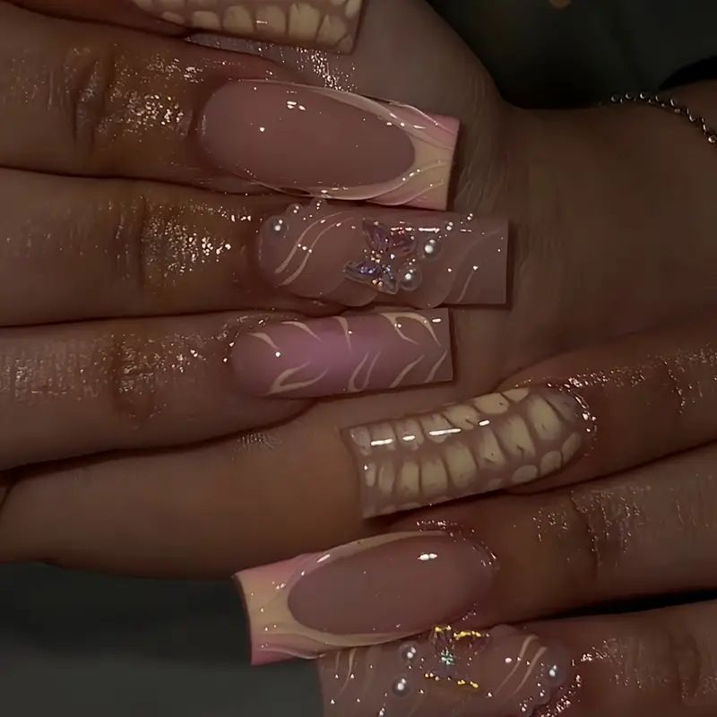 Beauty & Health Bow Crocodile Pattern Gradient Nail Tips High End Medium Sized Water Pipe Shaped Nail Art Finished Product_voghion.com