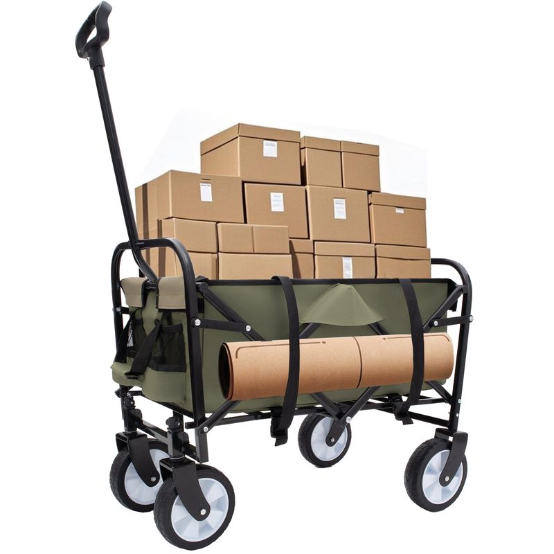 Minimeetall Strap Collapsible Foldable Wagon Cart With Strapping System, Beach Wagon, Utility Cart, Utility Wagon Grocery Cart For Camping Shopping Sports Gardeing Fishing Supports 225lbs, Army Green_voghion.com