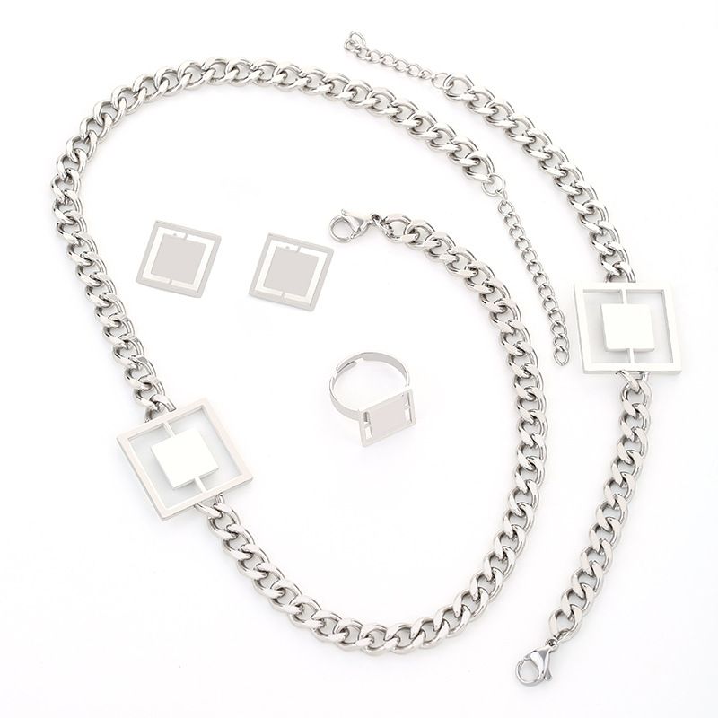 Titanium Steel Geometric Hollow Square Earrings Ring Cuban Necklace Bracelet Niche Design Sense Non-Fading Jewelry Set_voghion.com