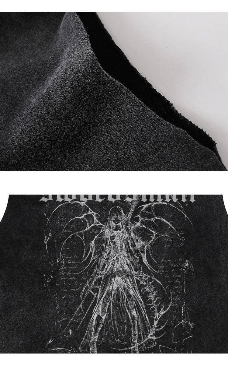 Trendig Dark Washed Cross Devil Loose Hooded ärmlös T-shirtväst_voghion.com