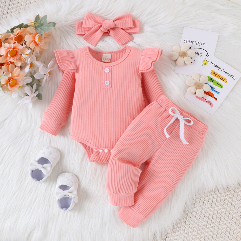 Babykleidung, einfarbig, lässig, Pit-Strip, Langarm, kleine fliegende Ärmel, einteilige Harshirt-Hose, dreiteilige Schleife, Kopftuch_voghion.com