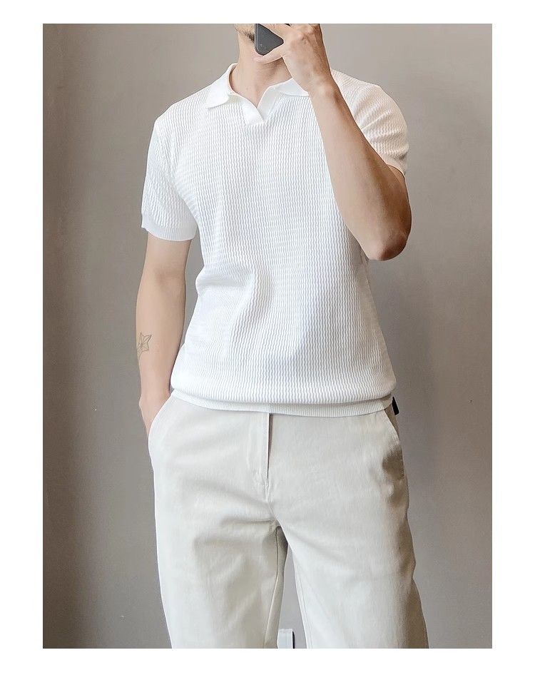 Polo da uomo in maglia leggera e traspirante, aderente, a maniche corte, stile americano, in seta ghiacciata, modello cross-border, con strisce antivento_voghion.com