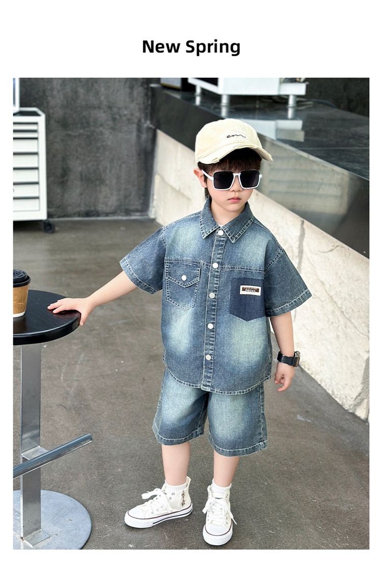 Abbigliamento per bambini piccoli, camicia in denim, completo con colori sfumati, alla moda, estivo, a maniche corte, completo in due pezzi_voghion.com