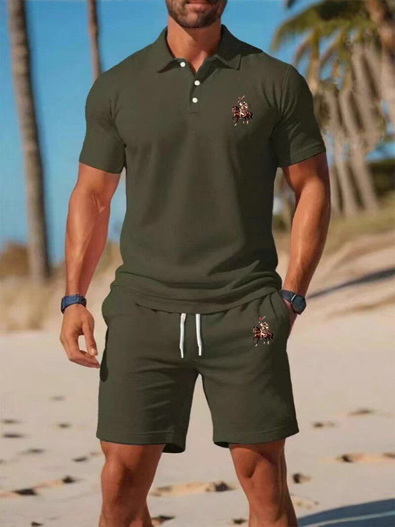 Men's Summer Slim-Fit Polo Shirt & Shorts Set - Breathable Mesh Short Sleeve Embroidered Casual Outfit (White/Navy/Orange/Black/Red/Teal/Army Green_voghion.com