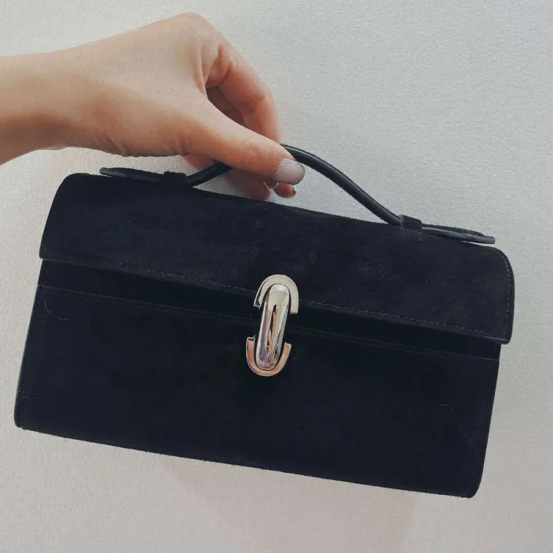 First-Layer Cowhide Vintage Handbag 25 Women Niche Design Black Suede Flip Clutch Genuine Leather Handheld Small Square_voghion.com