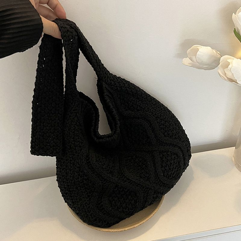 Lihao Women Shoulder Twist Pattern Crochet Solid Color Large Capacity Shopping Tote Bag for Travel-Dark Brown_voghion.com