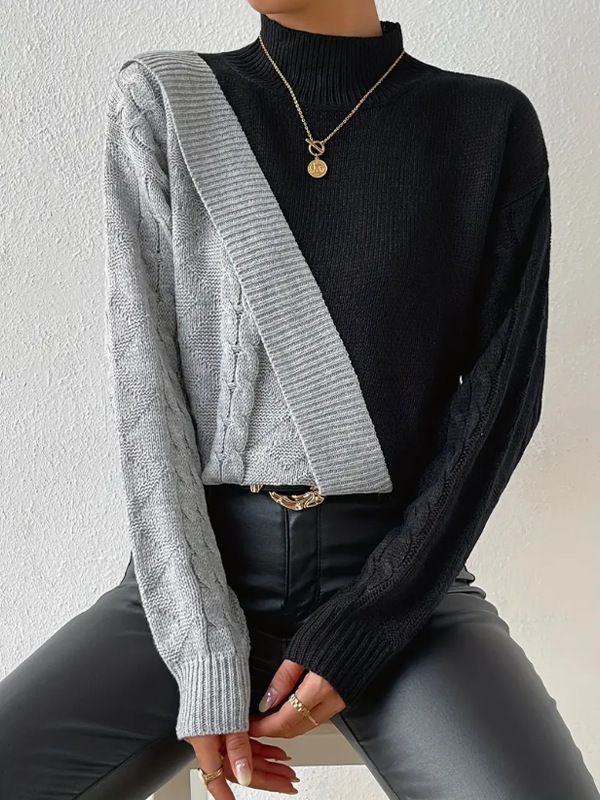 Damenbekleidung halbhoher Kragen, gedrehter Pullover, Herbst und Winter, Kontrastfarbe, lockerer, lässiger Pullover_voghion.com