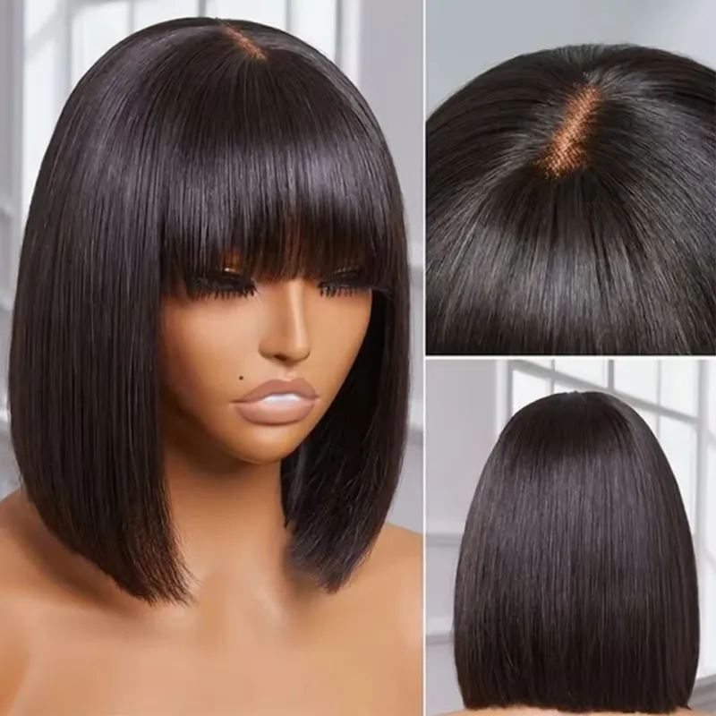 Suora Bob-peruukki Otsatukalla 100% Aitoa Hiusta Otsatukka Brasilialainen Realistinen Pääntie 3x1 HD Lace -Peruukit_voghion.com