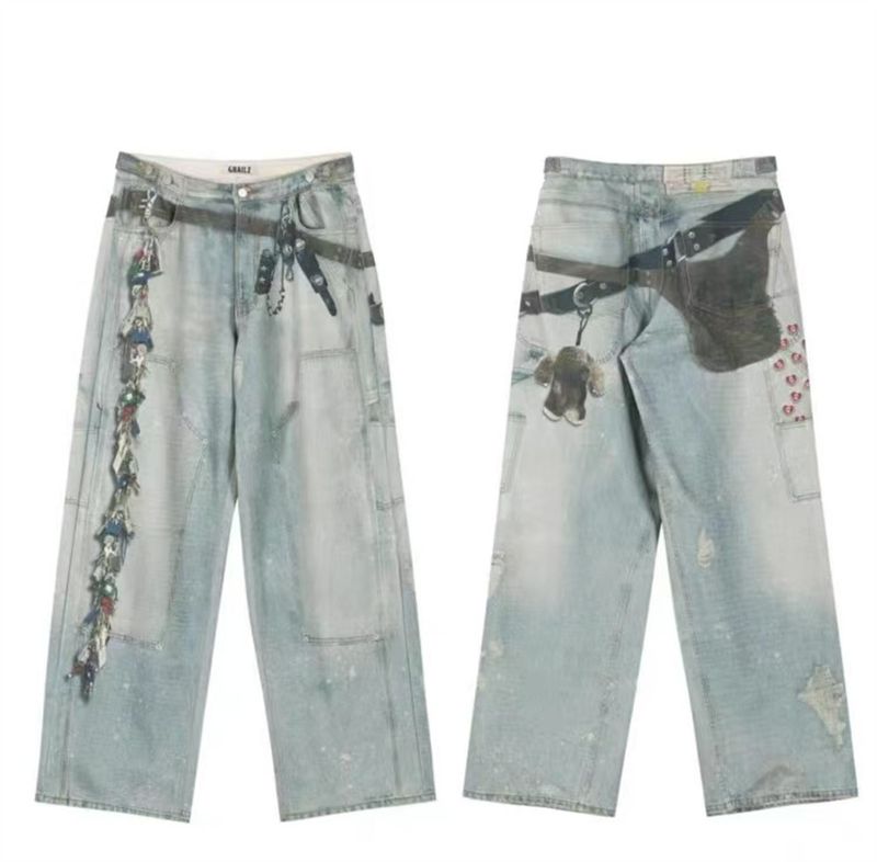Herenkleding 3D Digitaal Bedrukte Denim Broek Heren Hip Hop Street Trend Gewassen Oude Inkt Spatten Losse Wijde Pijpen Rechte Broek_voghion.com