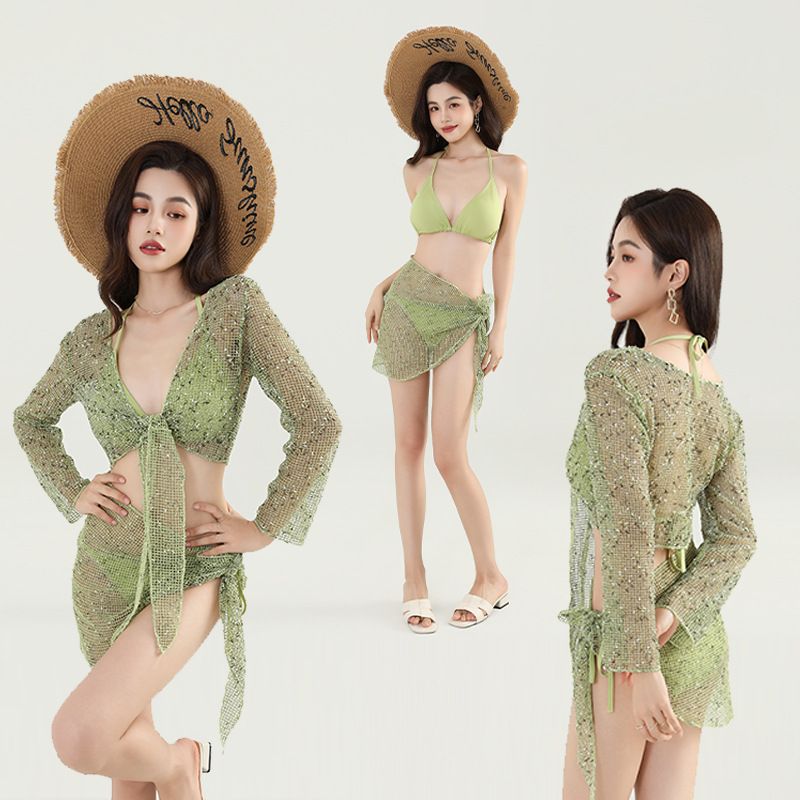 2025 New Fairy Style Damen Sommer Bikini Split Langarm Vierteiliges Set Koreanischer Badeanzug mit heißen Quellen_voghion.com