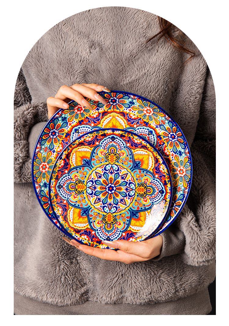Bohemian Ceramic Dinnerware Set - Underglaze Hand-Painted Bowls & Plates With Handles Vintage Style For Home & Restaurant_voghion.com