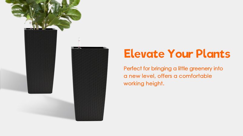 Square Planter For Indoor Or Outdoor Use, 22-Inch High Rattan Design Flower Pot With Automatic Watering System For Porch, Patio, Backyard, Makes Keeping Flowers Easier (Pack Of 2, Black)_voghion.com
