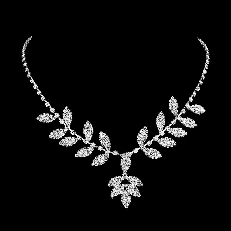 Set di gioielli con design a foglia - Collana, orecchini e bracciale con strass (3 pezzi di gioielli versatili alla moda per donna)_voghion.com