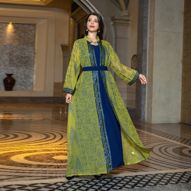 Damenbekleidung, Naher Osten, muslimische Robe, zweiteiliges Set mit Gürtel, Dubai-Kleid, elegante Strickjacke, langer Rock_voghion.com