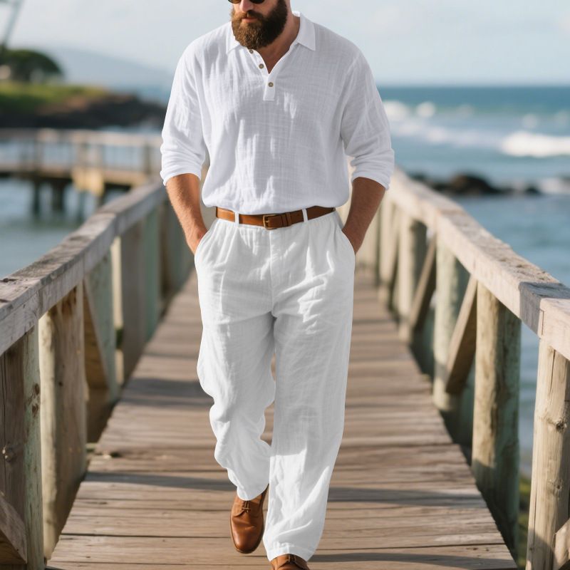 Cross-border Autumn Men's Linen Suit Loose Polo Long Sleeve Pants Casual Suit Men's Two-piece Set_voghion.com