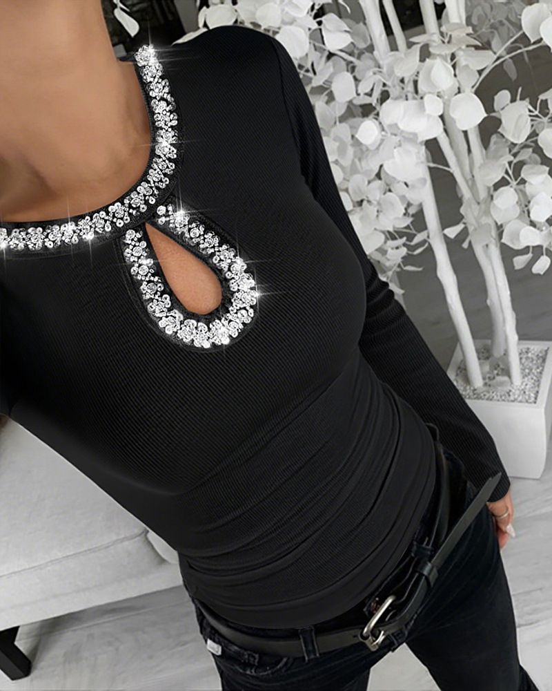 Elegante top a maniche lunghe con paillettes e coste per donna - Camicetta elegante e comoda per feste, ufficio e serate fuori_voghion.com