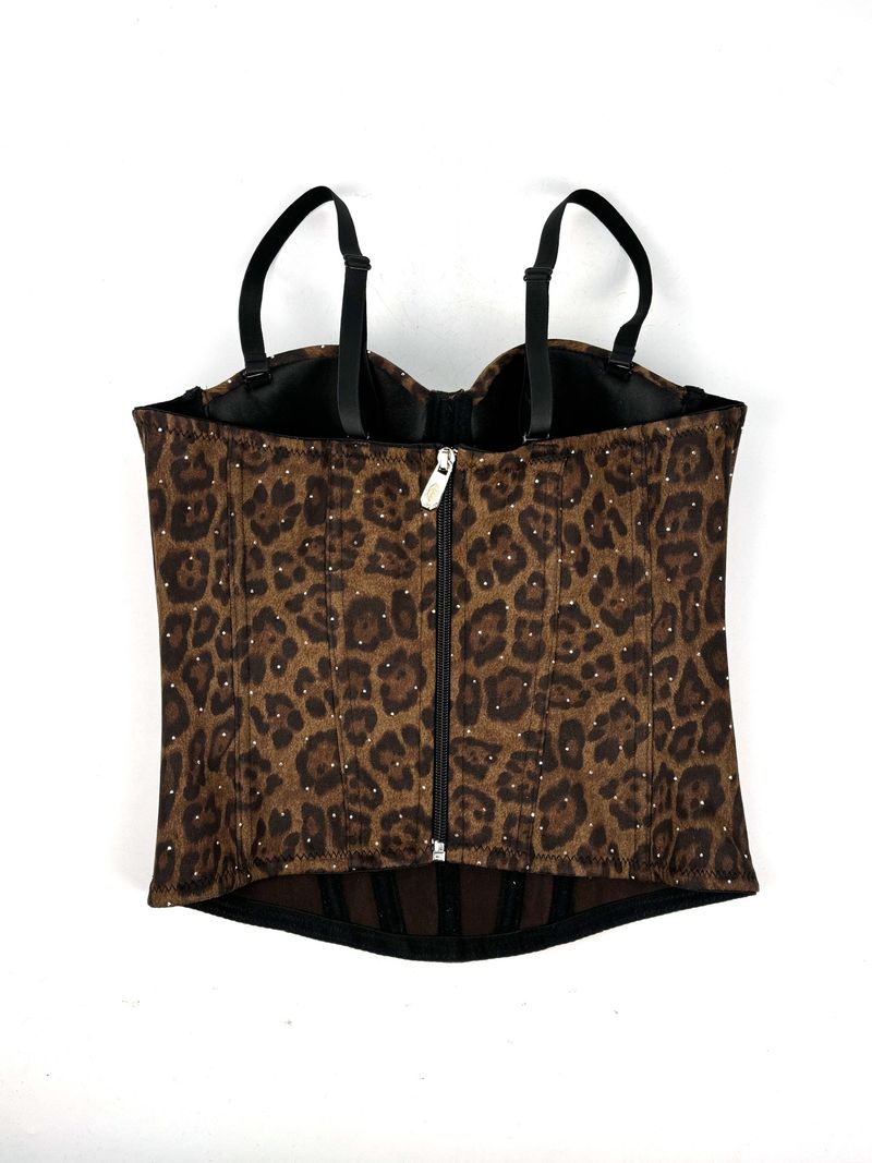 Women's Clothing Golden Brown Leopard Suede Short Vest Camisole Inner Wear Can Be Worn Outside Elastic Gathered Fishbone Body Shaping Bra_voghion.com