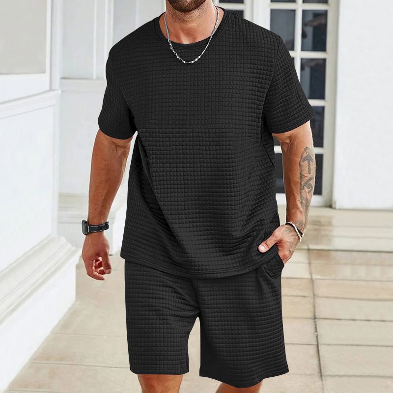 Ensemble 2 pièces pour homme, t-shirt et short à col rond, couleur unie, décontracté et sportif, à la mode, pour l'été_voghion.com