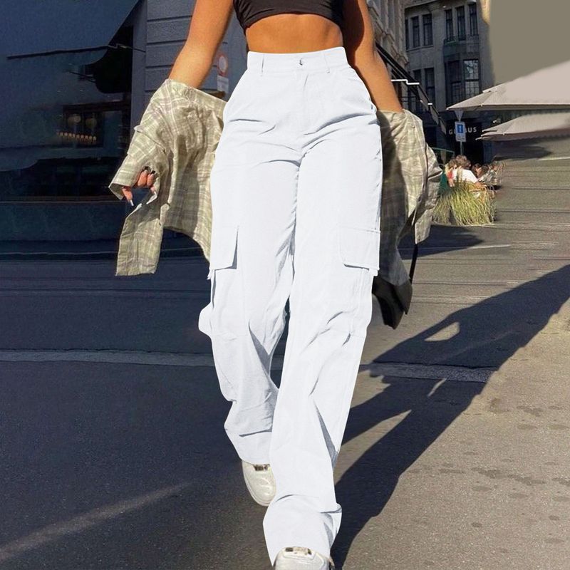Roupas femininas Moda de rua Macacão com vários bolsos Calça reta Cintura alta Macacão solto slim_voghion.com