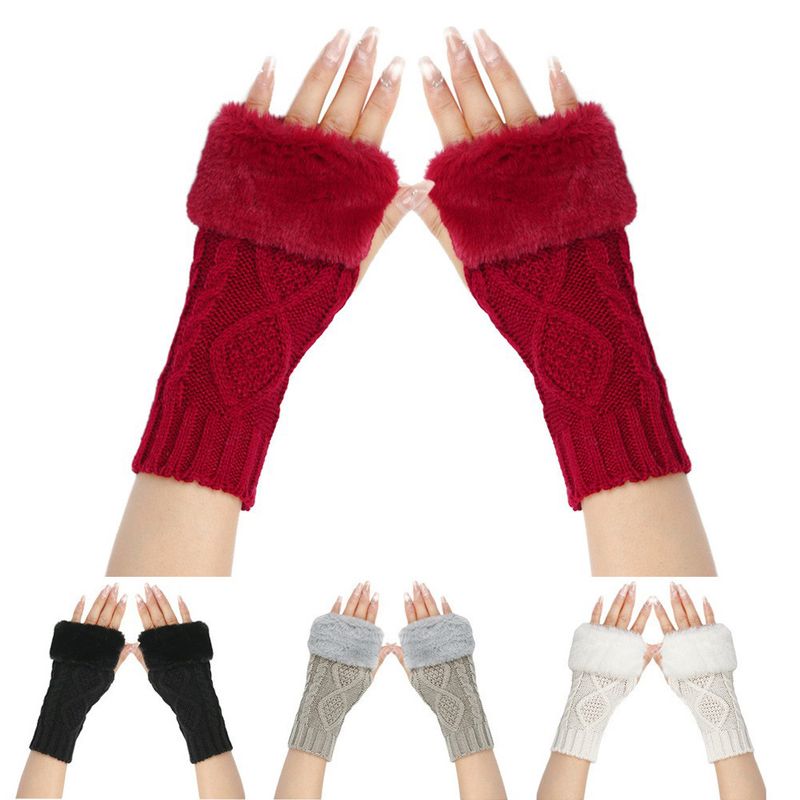 Damskie dzianinowe wełniane rękawiczki z półpalcami – ciepłe i miękkie, z podwójnym wzorem w romby, na jesień i zimę (krótki mankiet, stylowe i wygodne)_voghion.com