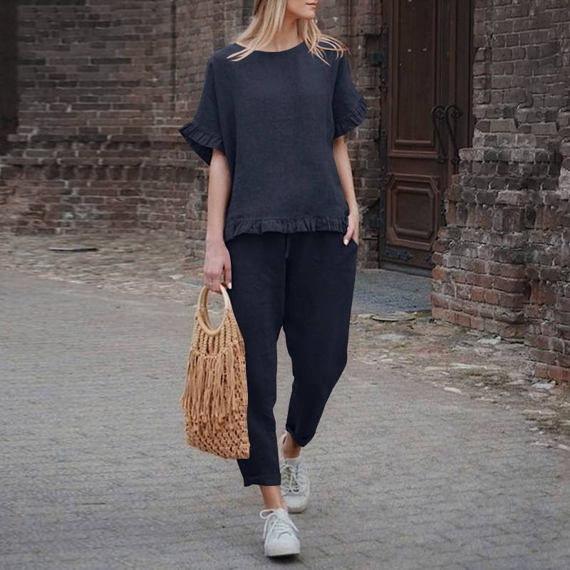 kvinders ensfarvede retrobukser i national stil jakkesæt i bomuld og hør afslappet langærmet løst bomuldsdragt_voghion.com