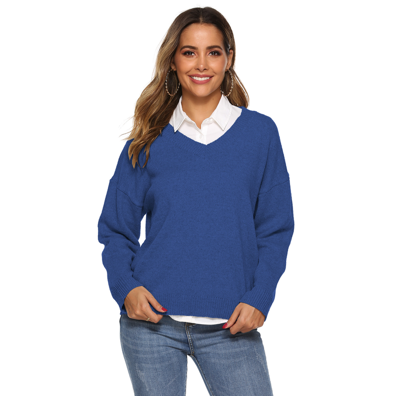 Pull ample à col en v tissé simple pour femme, couleur unie, haut chaud_voghion.com