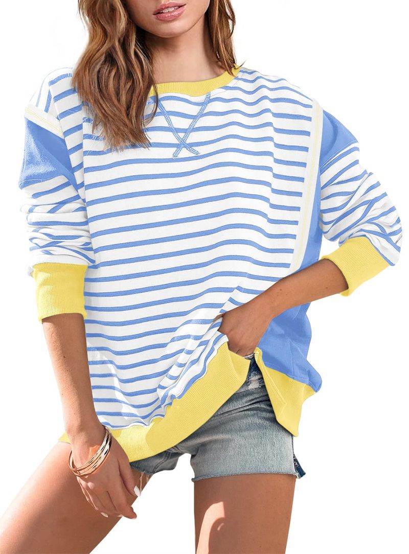 T-shirt a maniche lunghe da donna con righe a contrasto di colore - Felpa girocollo con motivo stampato_voghion.com